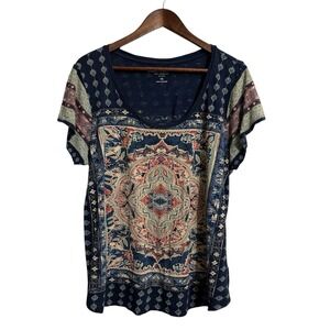 Lucky Brand top womens 1X blue paisley boho cottagecore western festival peasant